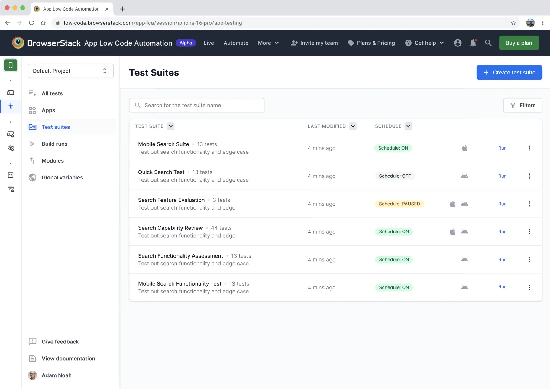 Test suites page showing list of test suites and UI to create a new test suite.