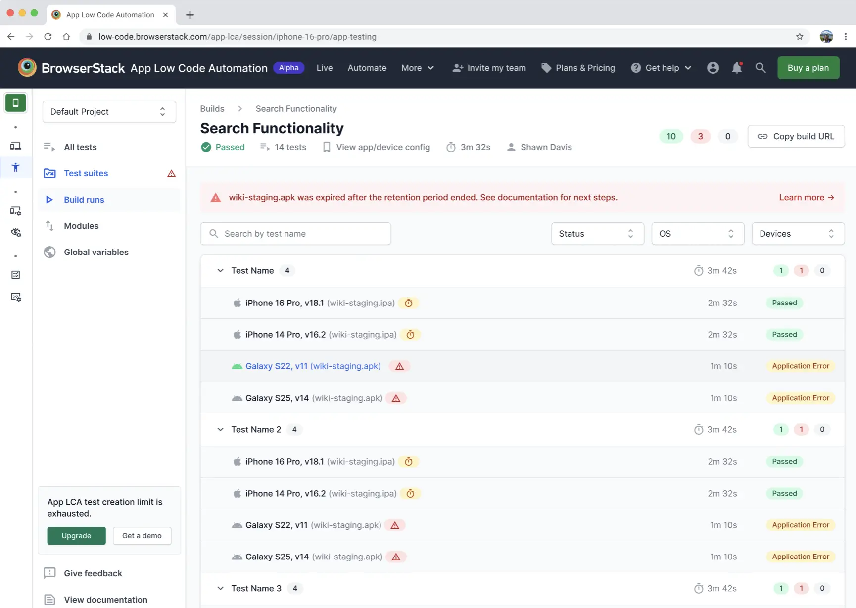 Builds page displaying expired app warning message and paused test builds with expiry indicators