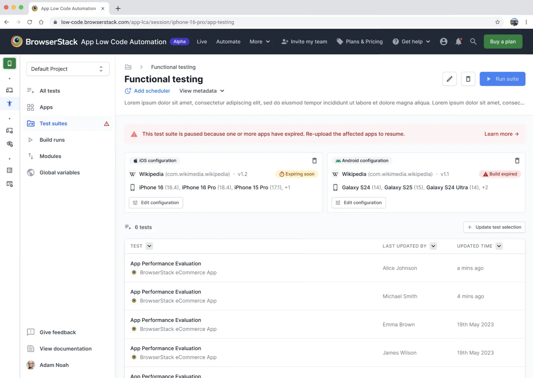 Test suite page showing app expiry warning icons next to test configurations