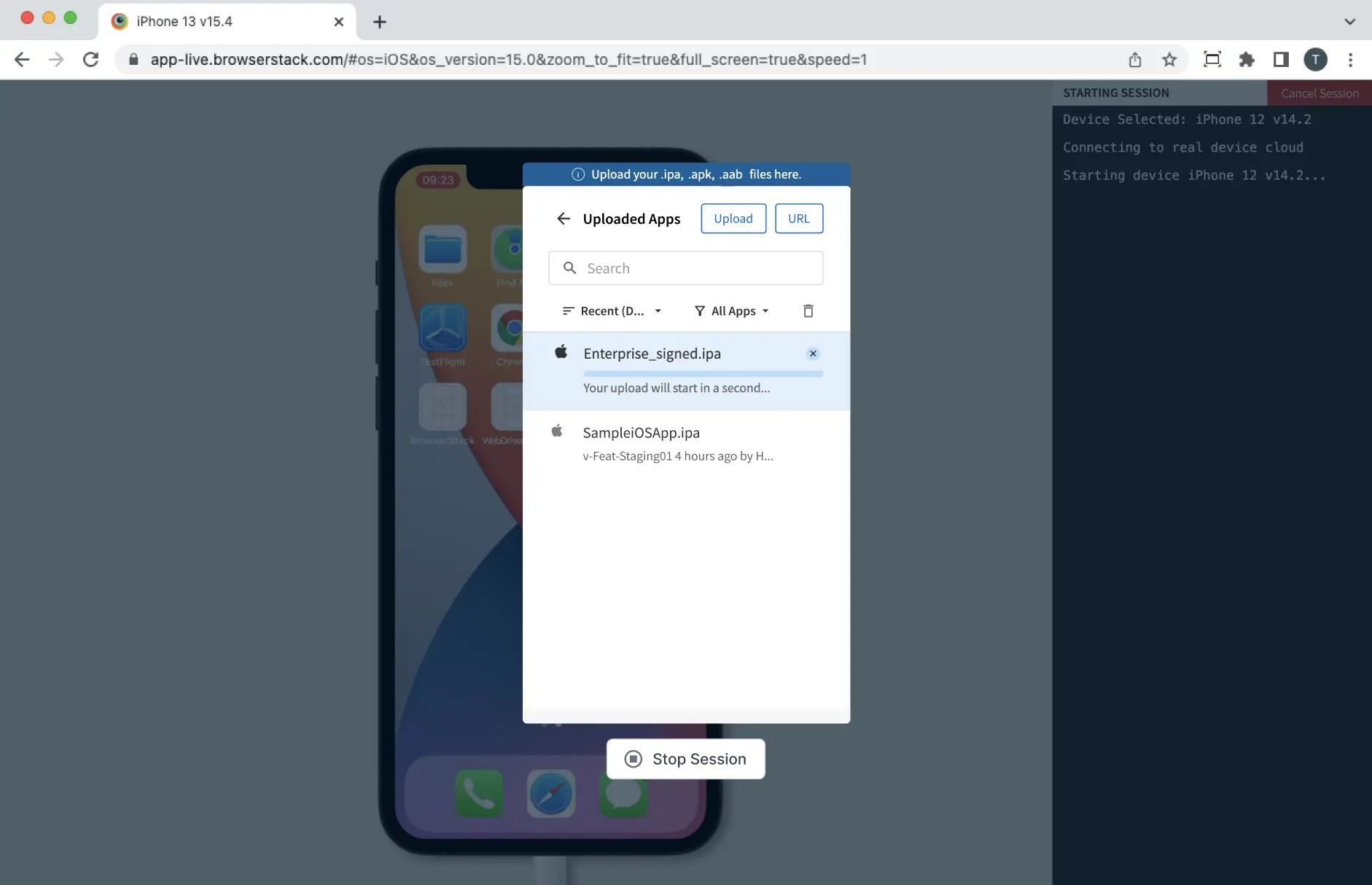 App upload progress bar and status indicator in the Upload Apps modal.