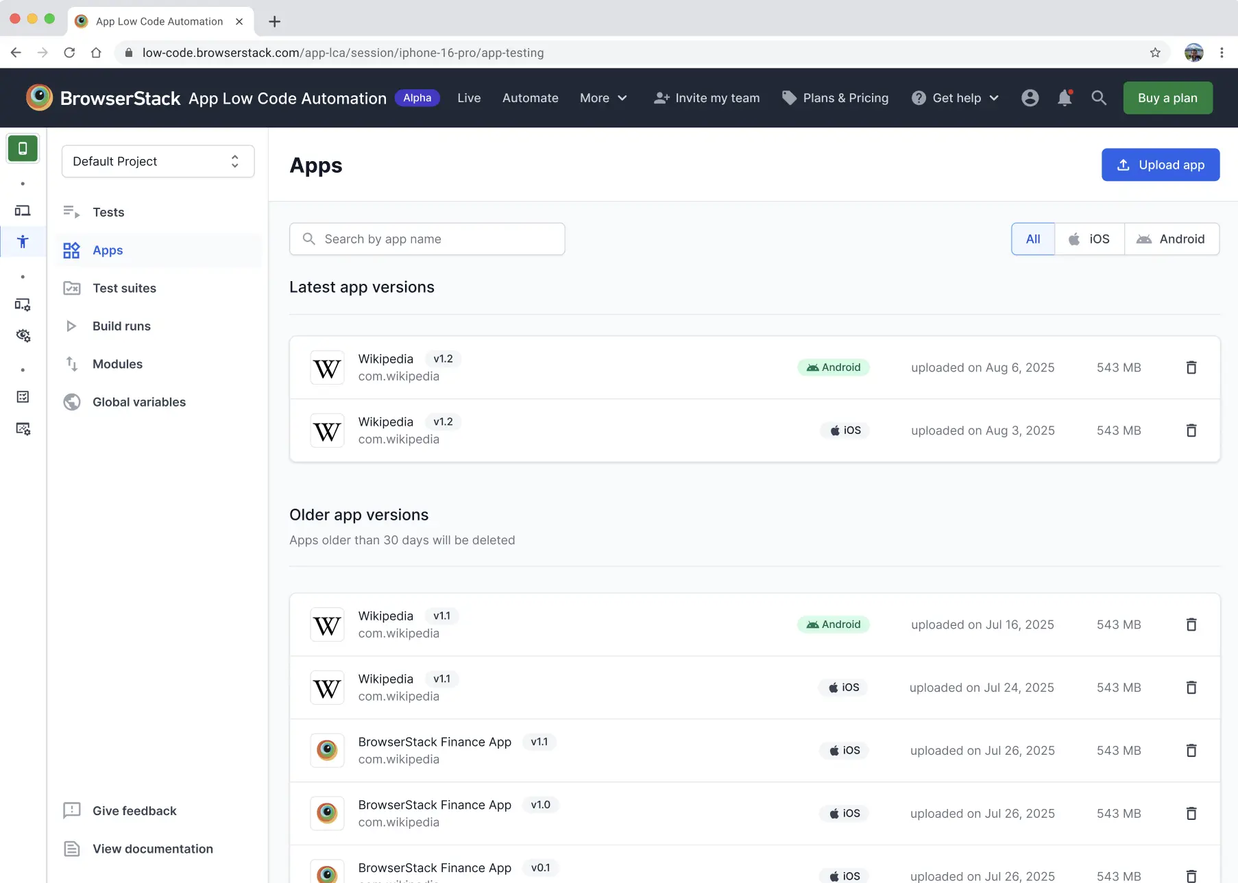 Apps section in App Low Code Automation showing uploaded apps list and options to upload or manage apps.