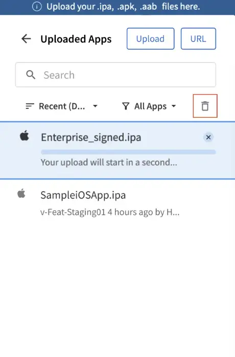 Delete app in the Upload Apps modal.