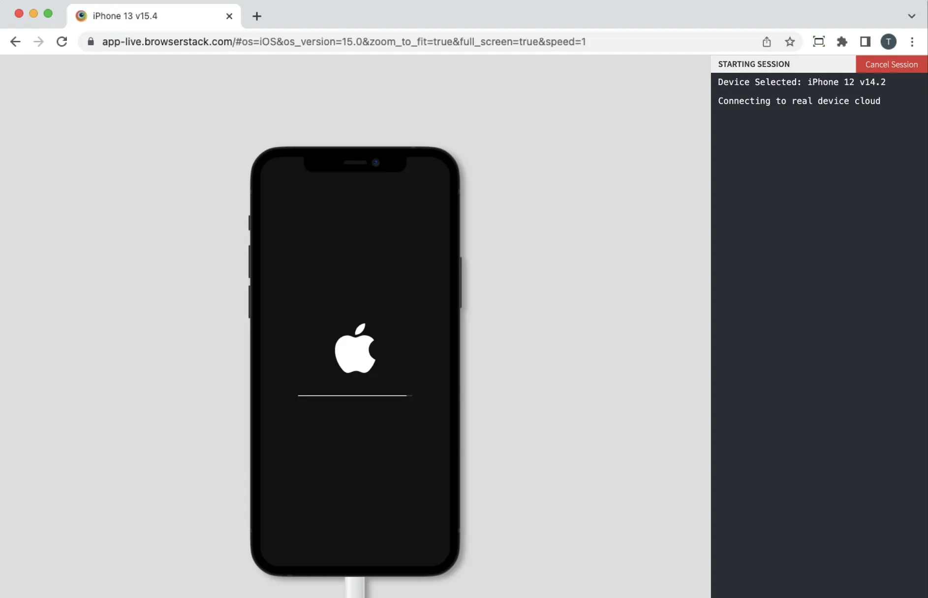 A real device launches after you start the test, showing the selected device model and OS version on the screen