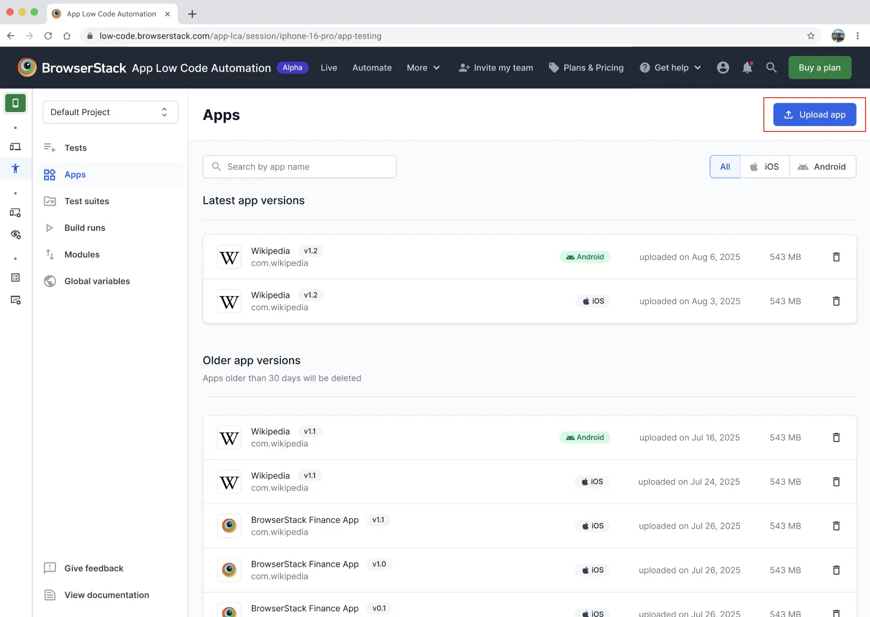 Apps section in App Low Code Automation showing options to upload a new app or manage existing apps.