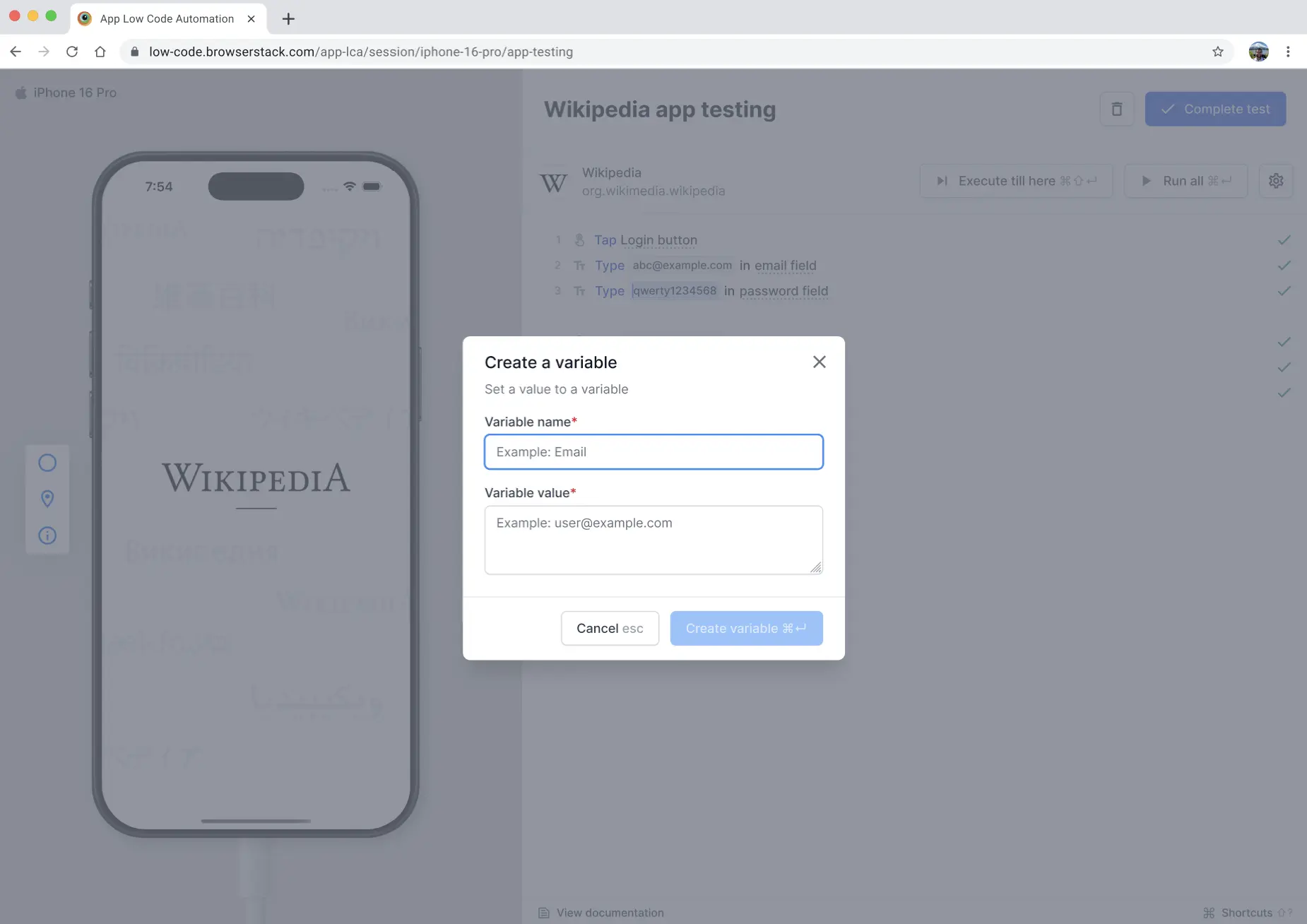 Create variable dialog showing name and value assignment
