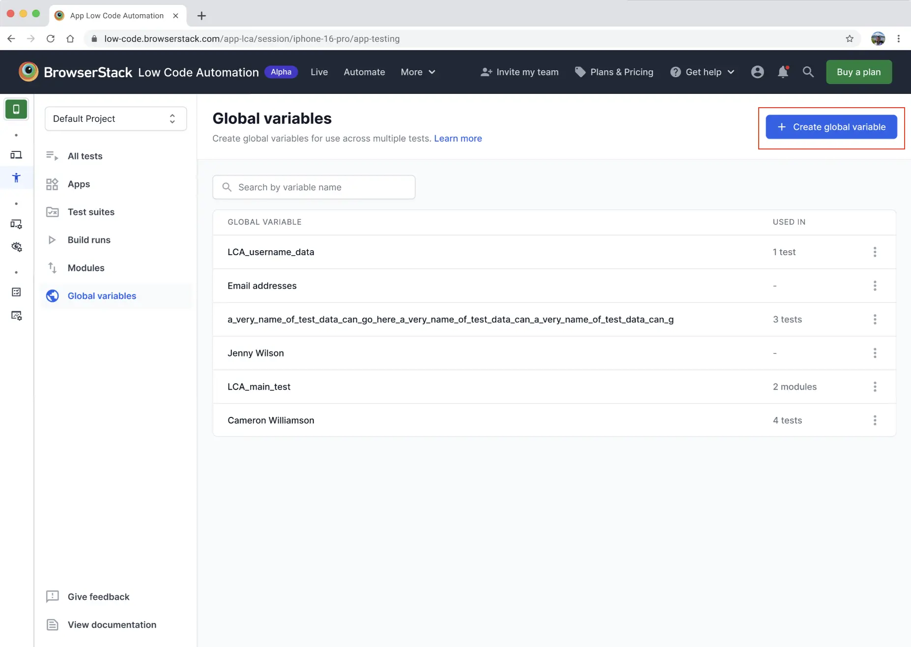 Global variables section in sidebar for variable creation