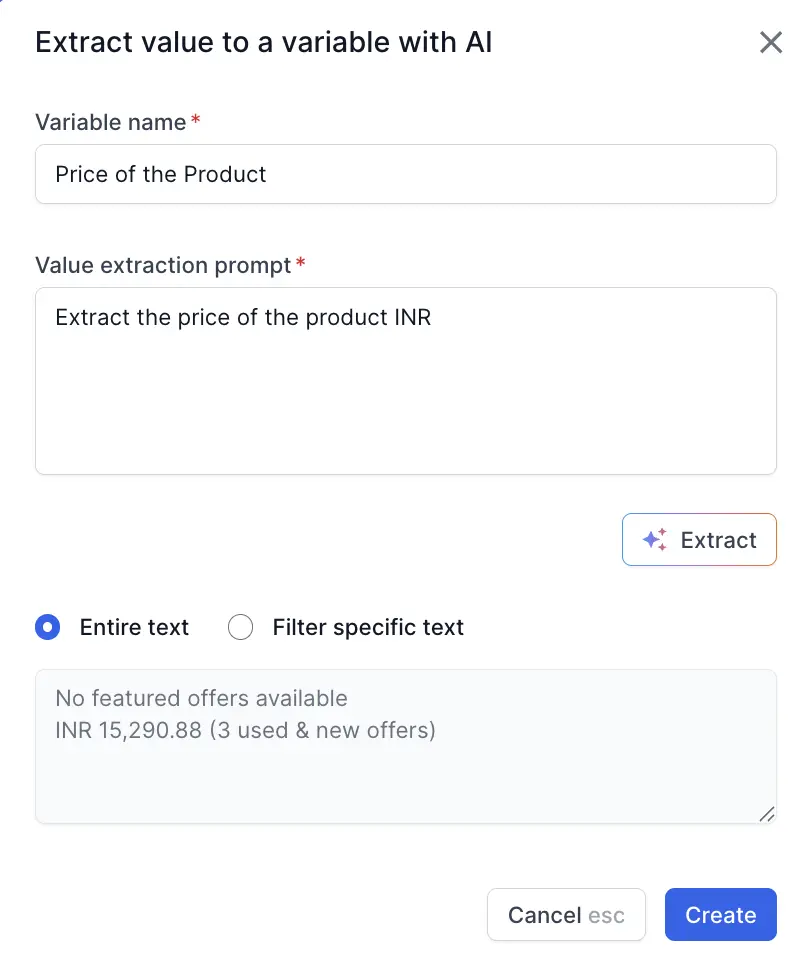 The Extract value to a variable with AI dialog with Entire text selected and the extracted product price shown