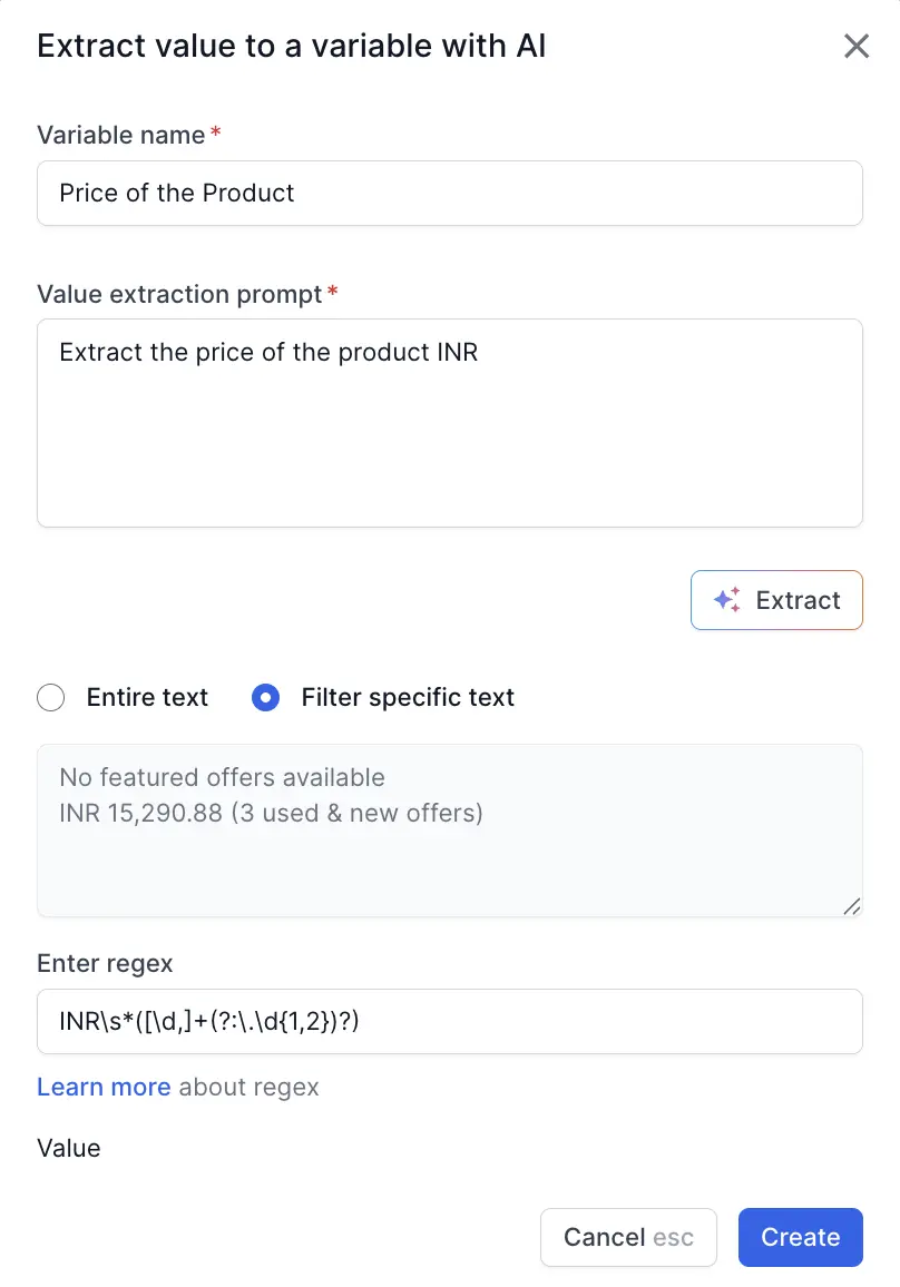 The Extract value to a variable with AI dialog with Filter specific text selected and a regular expression entered in the Enter regex field