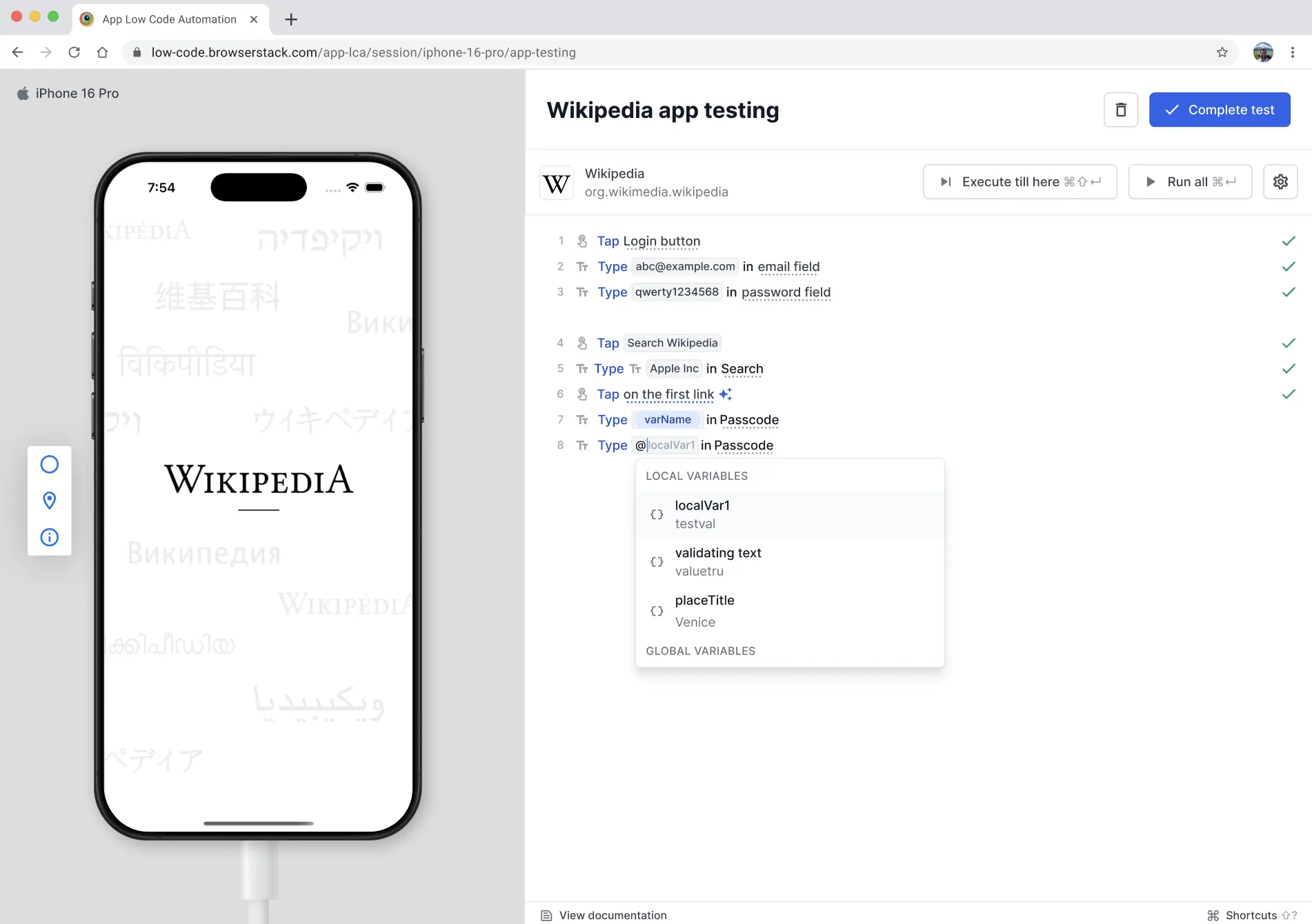 Dropdown showing available local and global variables in test editor