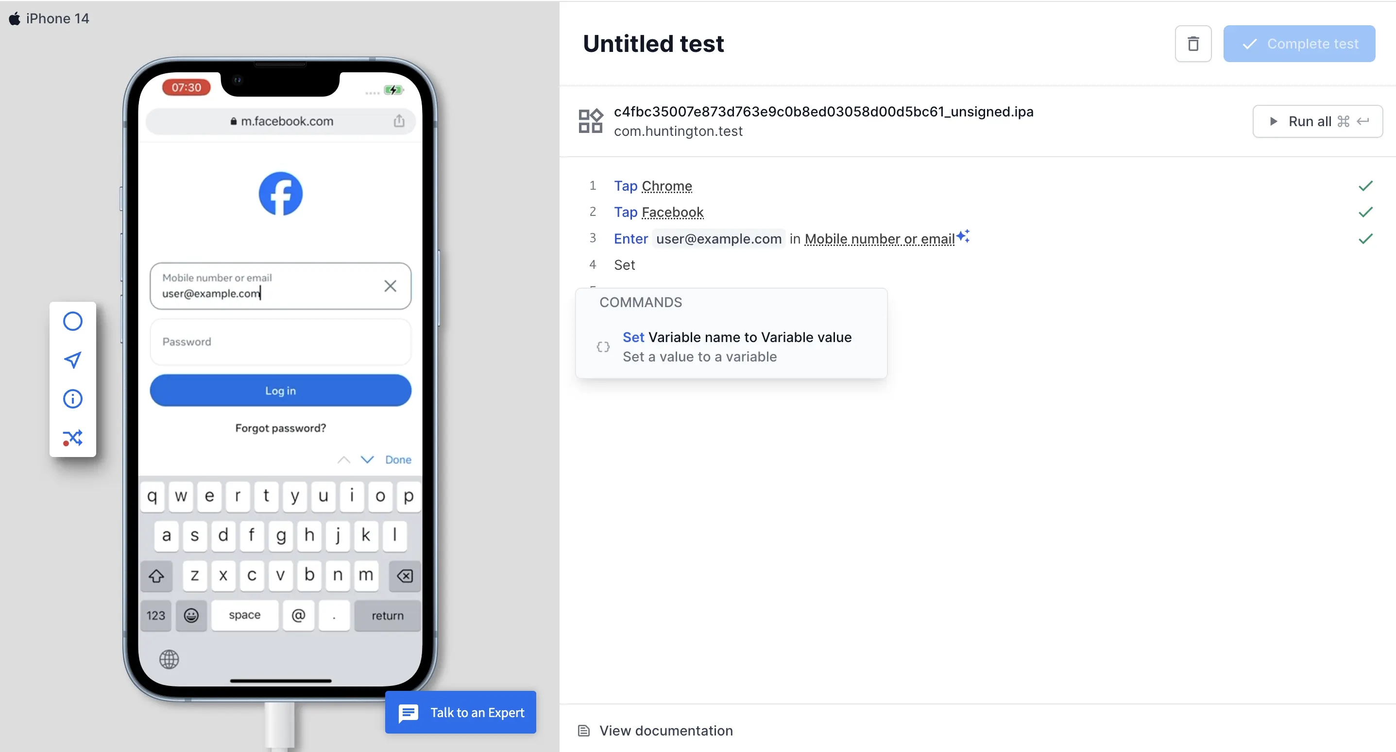 Set variable value using the command in test editor