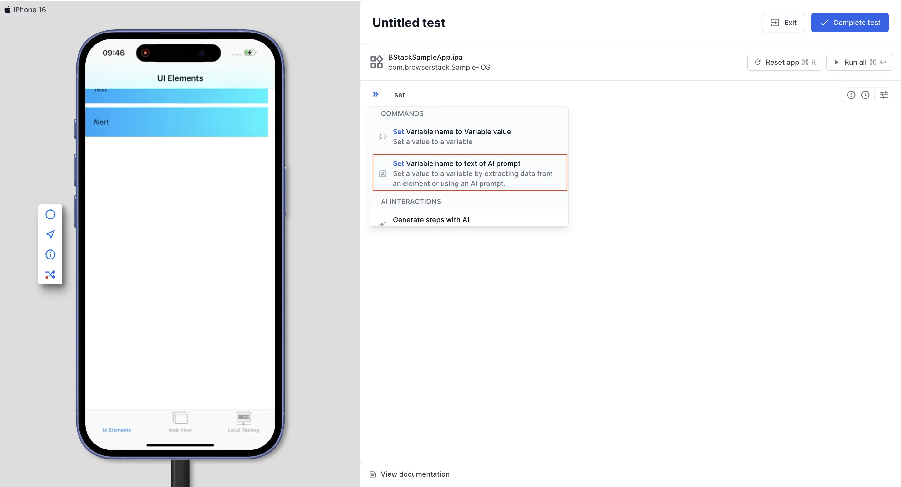 The Set Variable name to text of AI prompt highlighted in the test editor command list