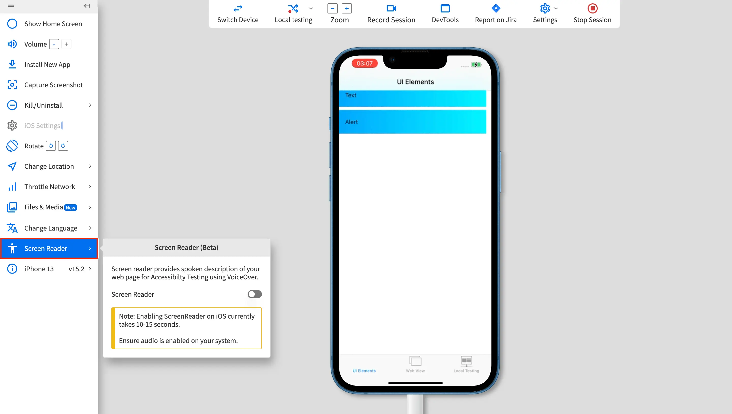 Screenshot showing the Screen Reader option on the App Live toolbar