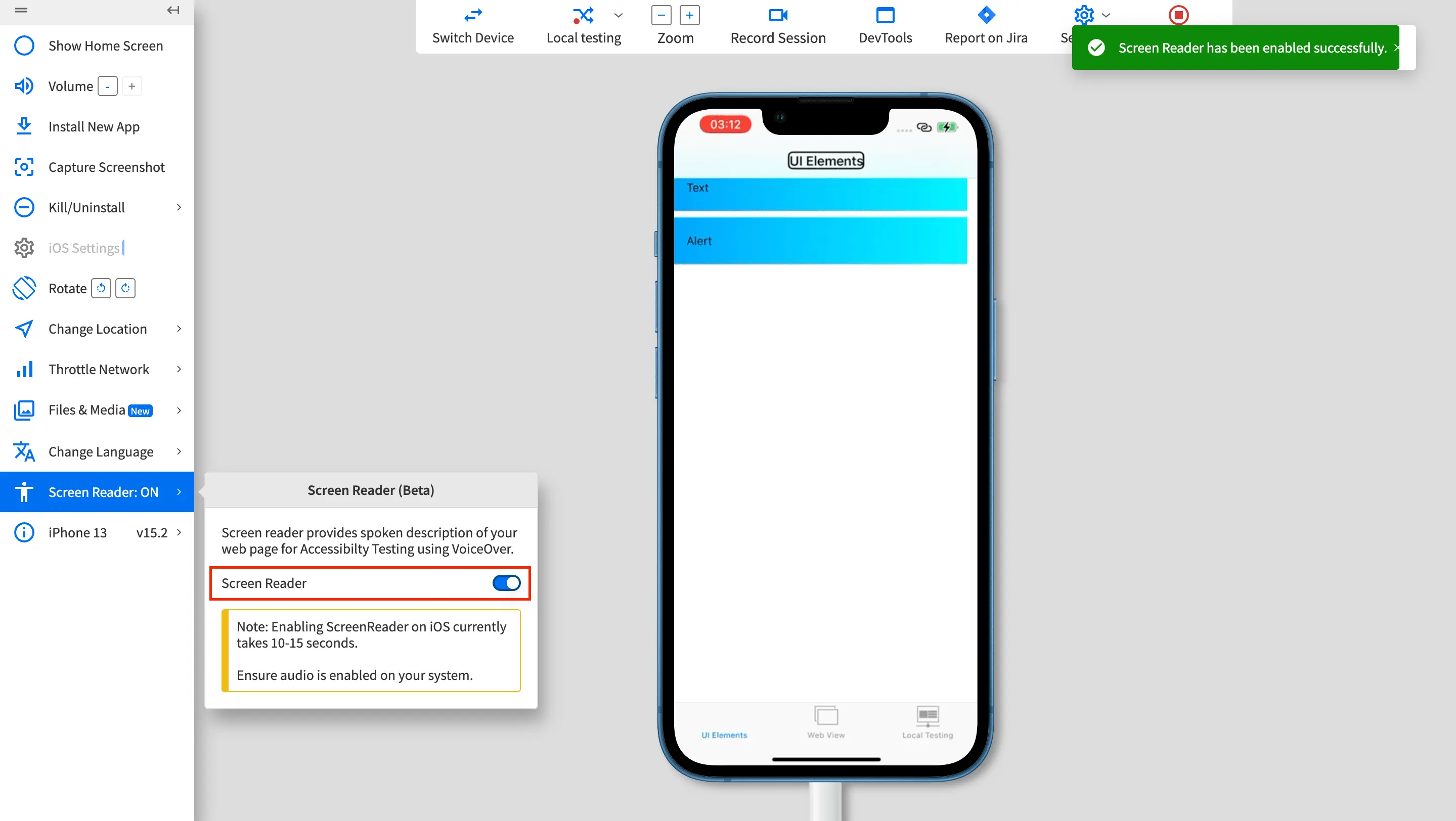 Enabling the Screen Reader option on the App Live toolbar