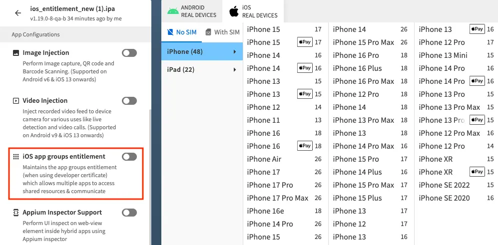 The App Groups entitlement toggle under App Configurations.