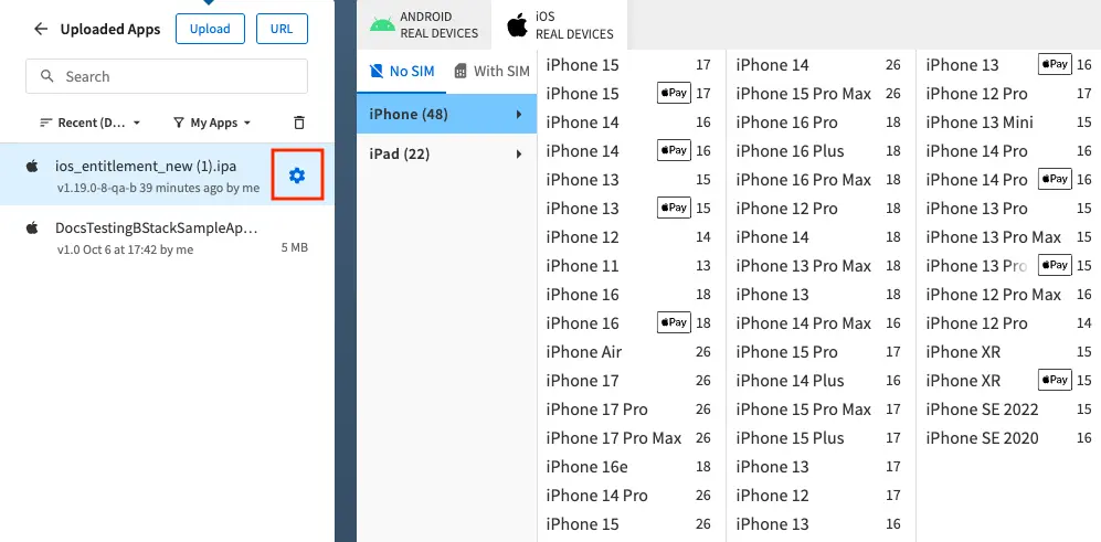 Configuration icon next to the uploaded app file name in the App Live dashboard.