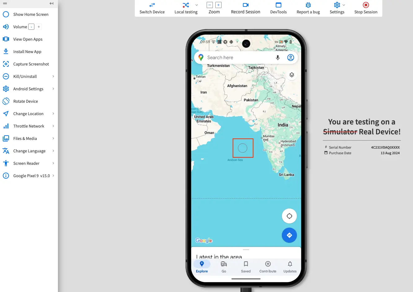 An App Live session with the first cursor set on the device screen.