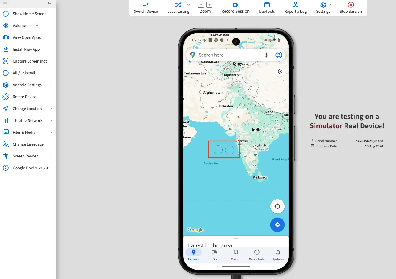 An App Live session with the first and second cursor set on the device screen.