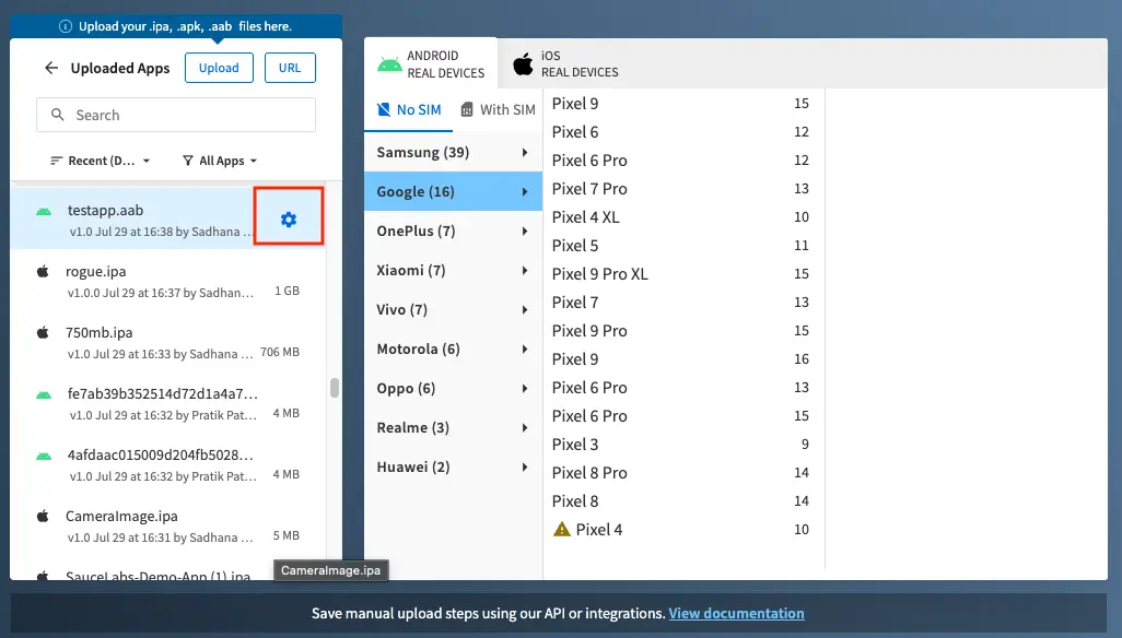 The configuration icon next to the uploaded app file name in the App Live dashboard highlighted by a red box.