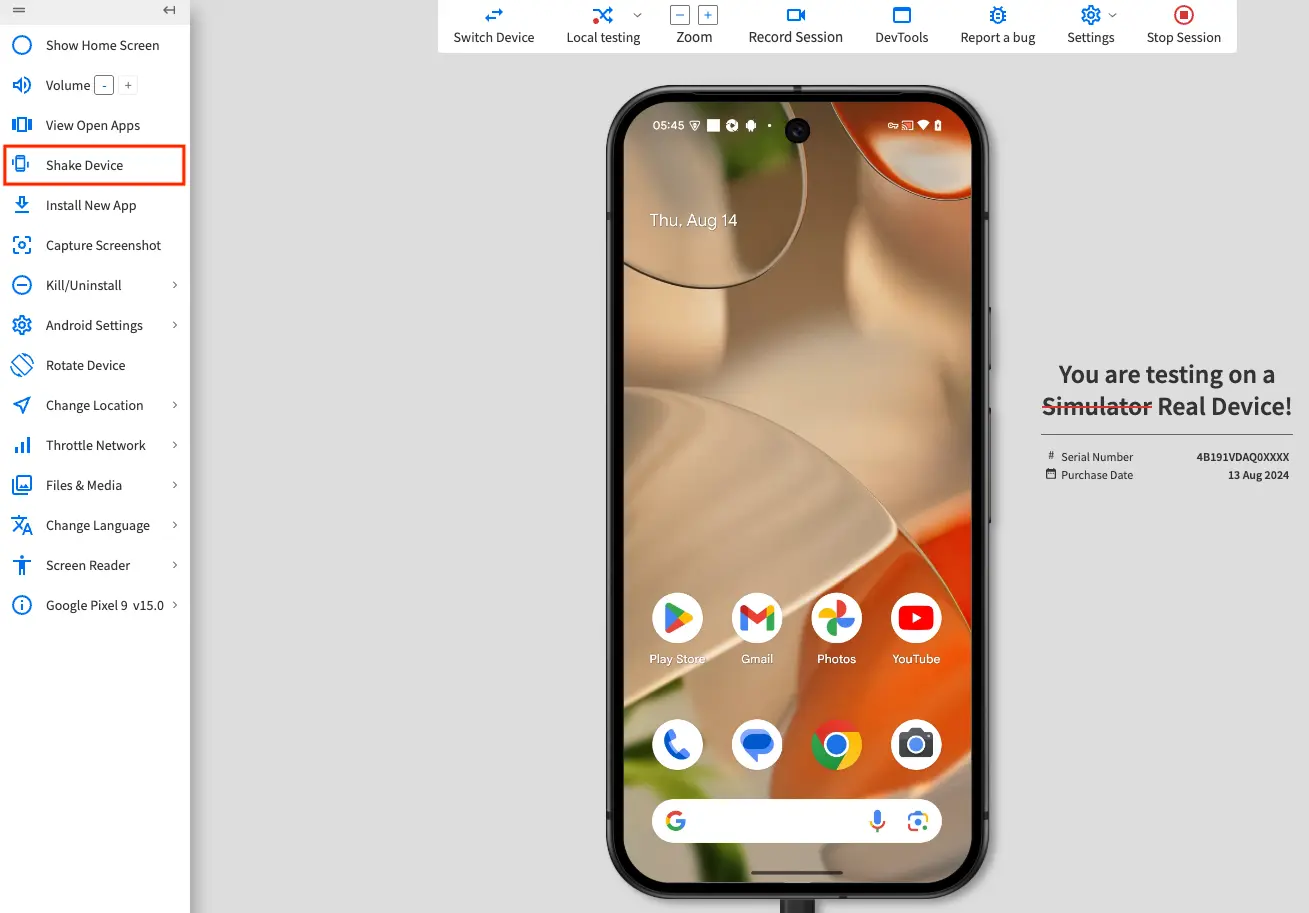 The shake device button on the App Live vertical toolbar highlighted by a red box.