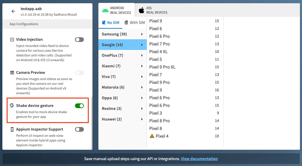 The Shake device gesture toggle under App Configurations highlighted by a red box.