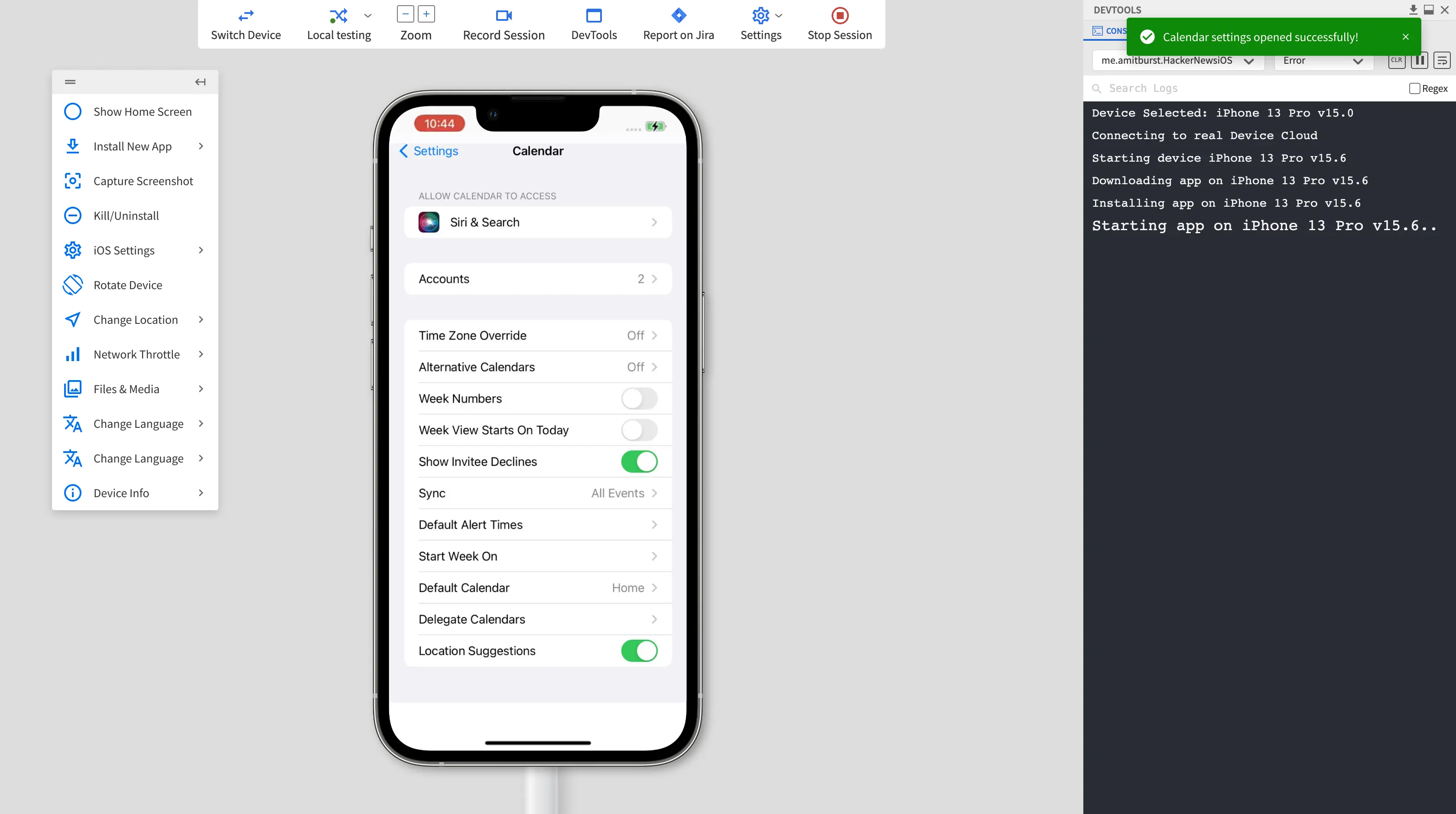 The Calendar app settings screen showing account configuration options and calendar-specific settings.