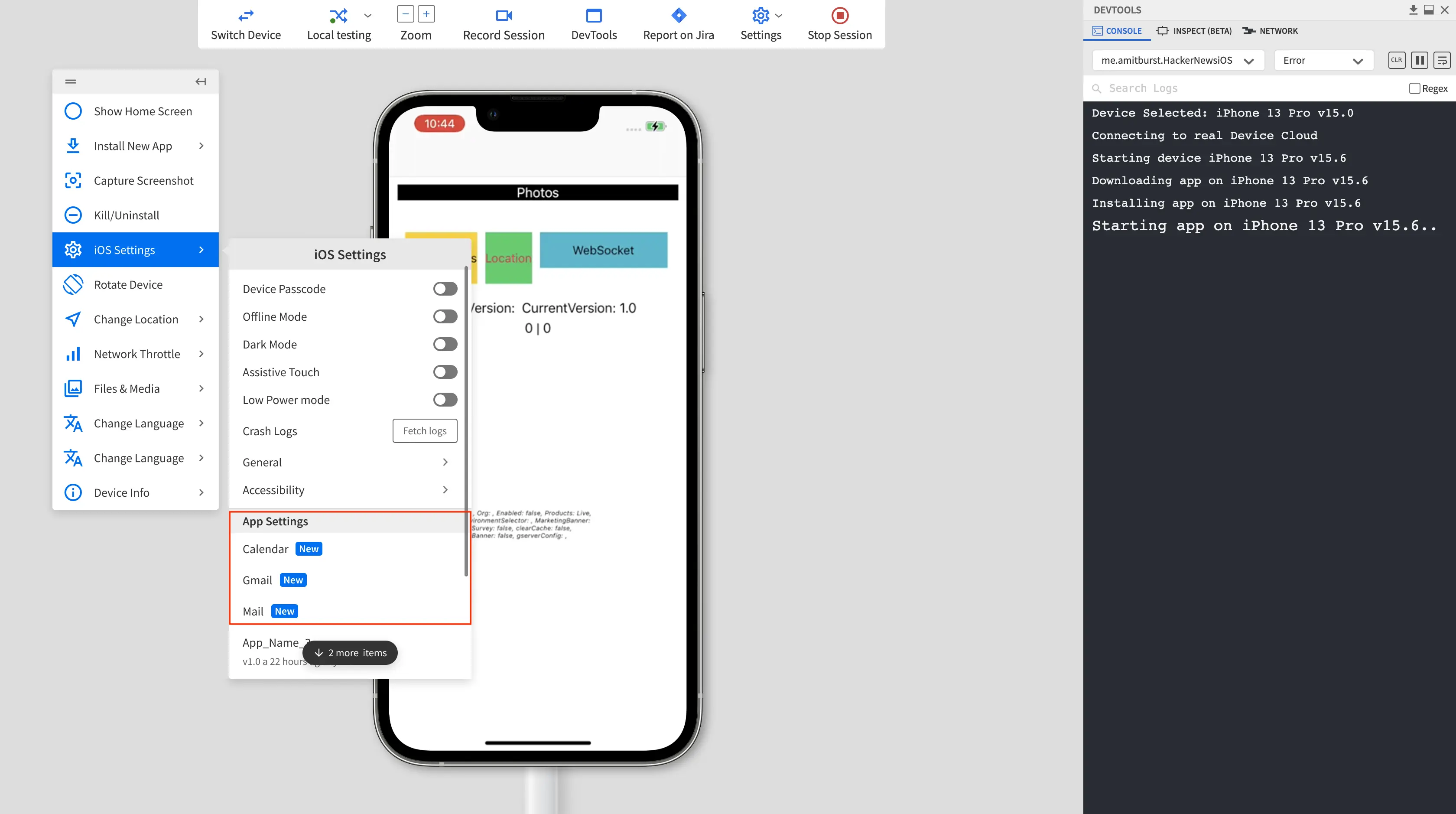 The iOS Settings panel with the App Settings section highlighted, showing options for Mail, Calendar, and Gmail.