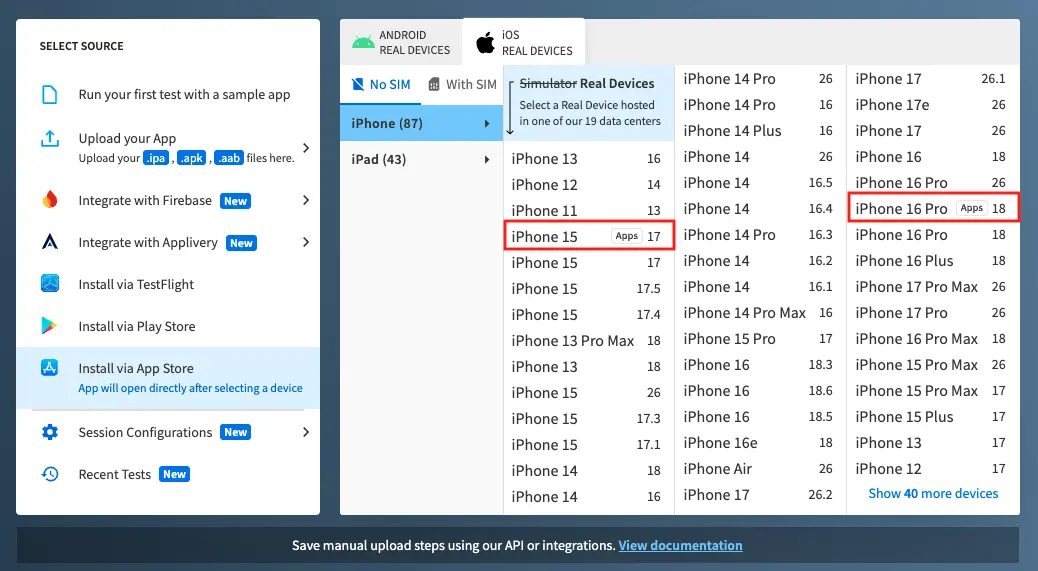 The App Live device selection list showing iOS devices with the Apps icon indicating native apps access support.