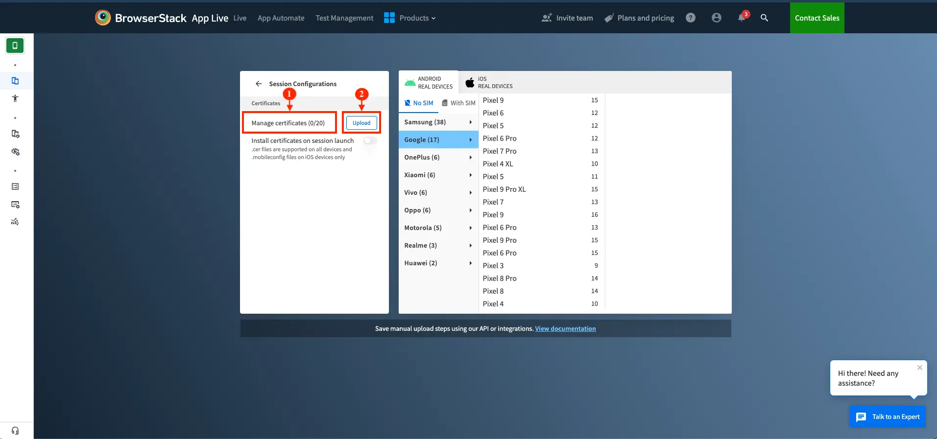The Certificates tab with the Upload button and the Manage certificates option annotated.