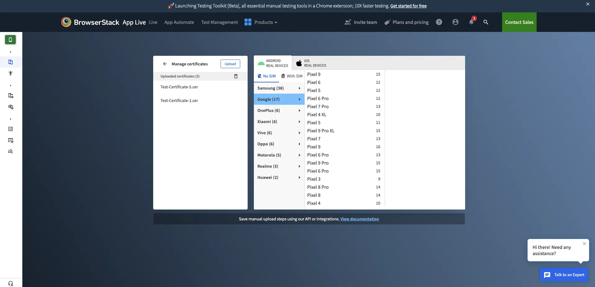 The Manage certificates dialog a list of certificates.