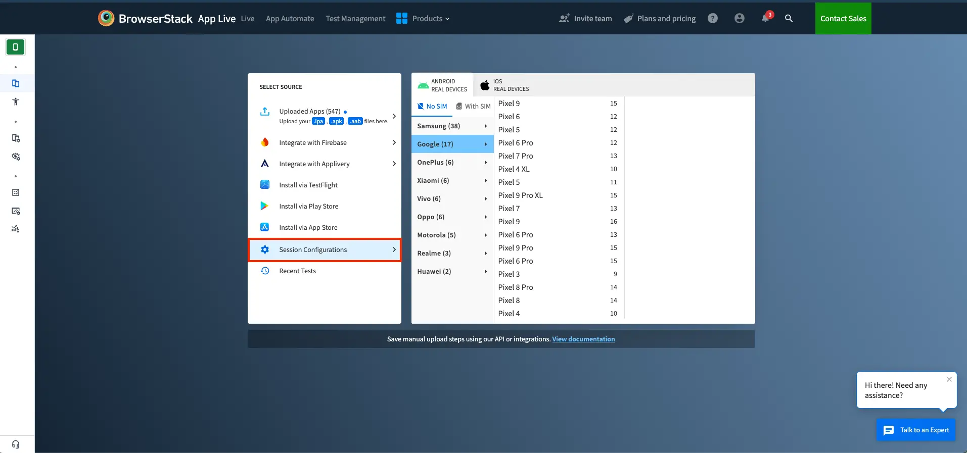 The App Live dashboard with the Session Configurations option highlighted by a red box.