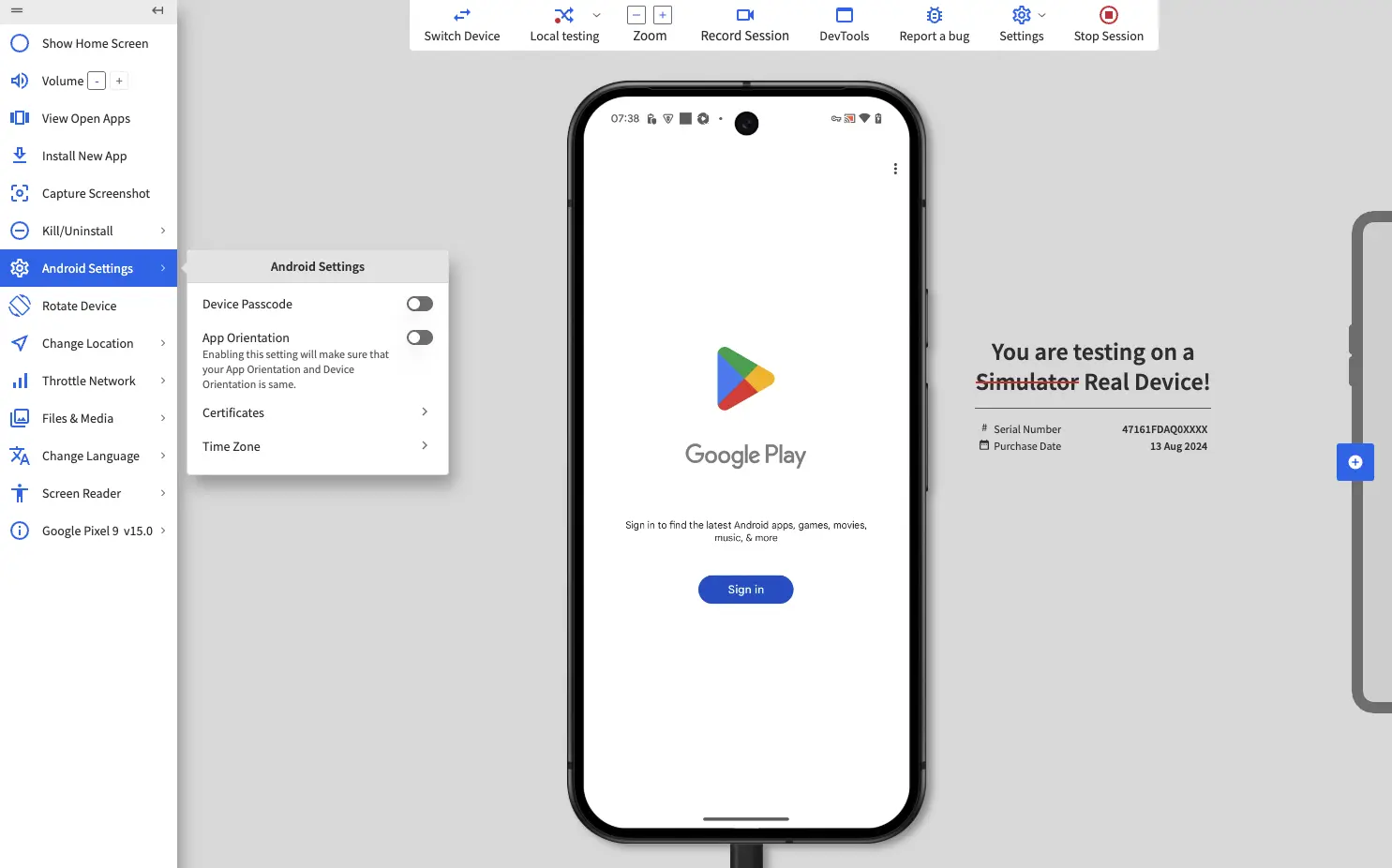 A BrowserStack test session with an Android device and the settings menu open.