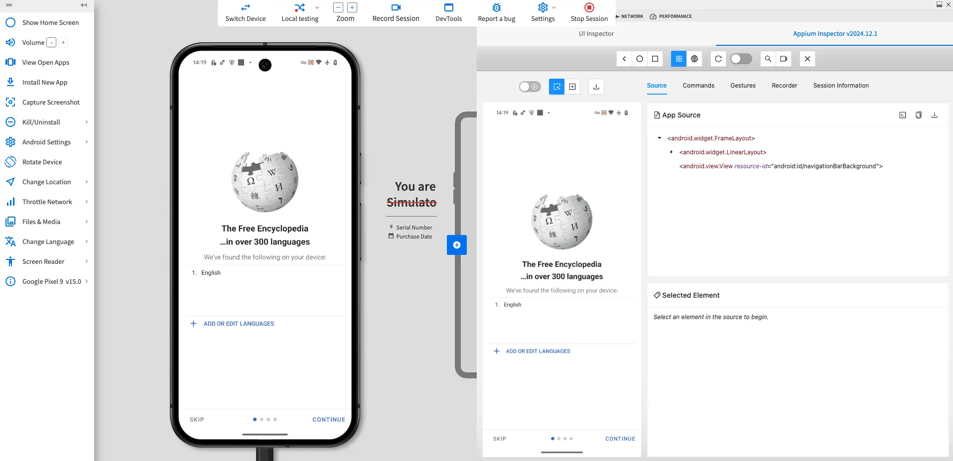 The expanded devtools pane with various Appium Inspector functionalities.