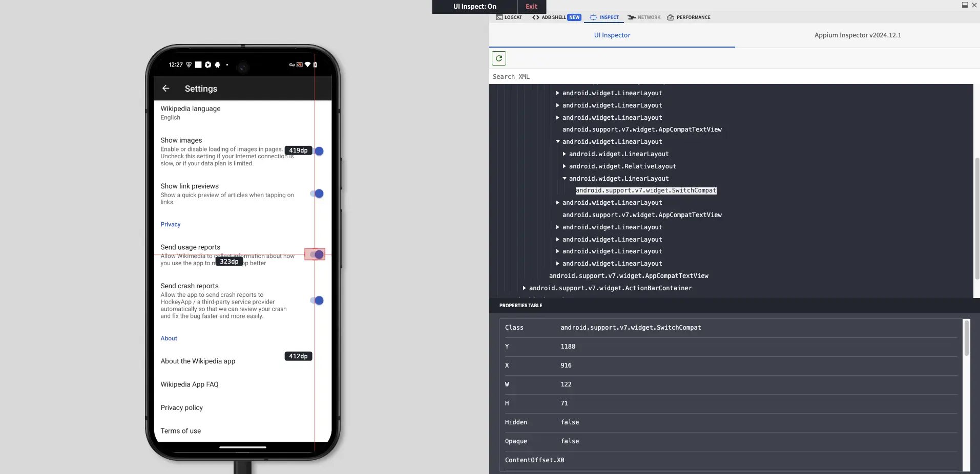 The UI Inspector displaying the XPath of a selected Debug UI element.