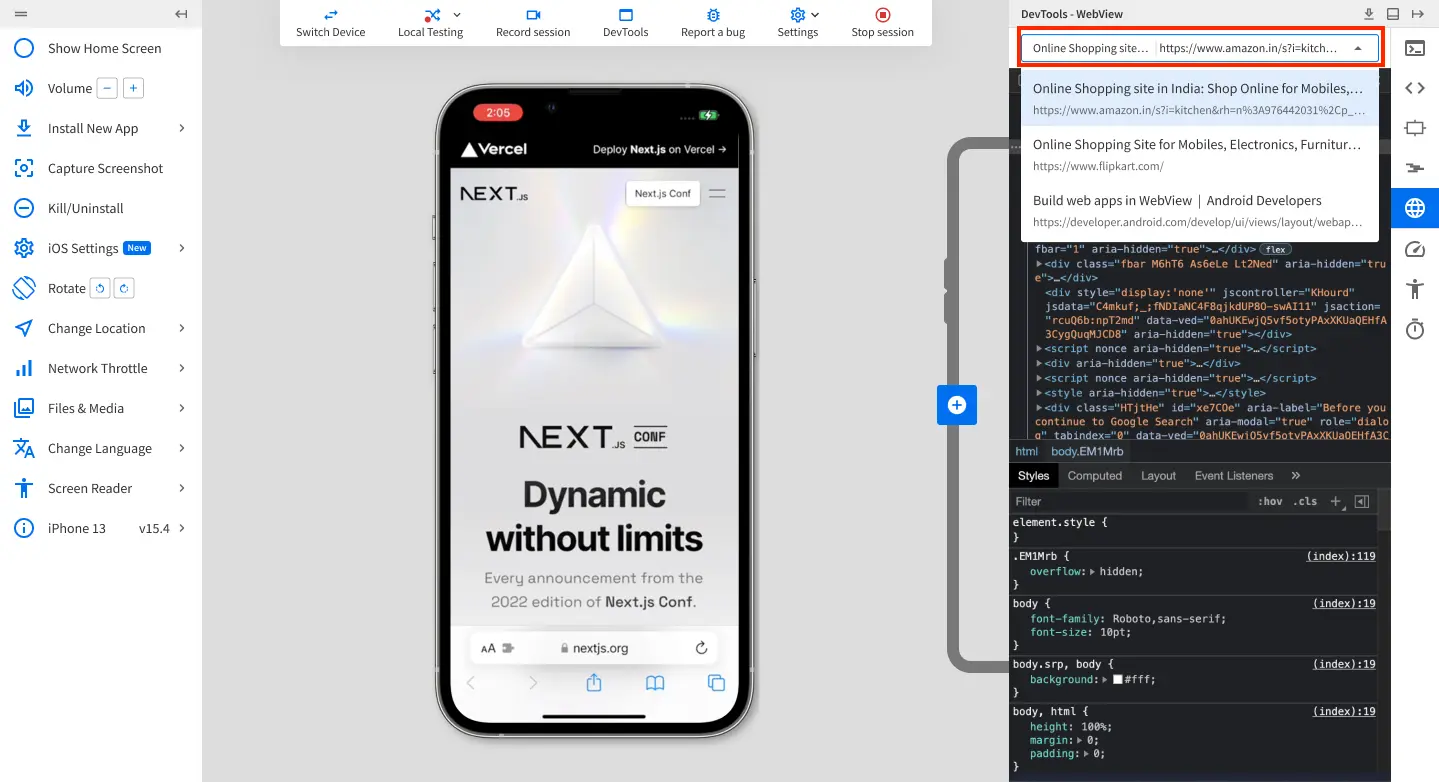 The WebView context dropdown menu in the WebView Inspector pane with multiple contexts listed.