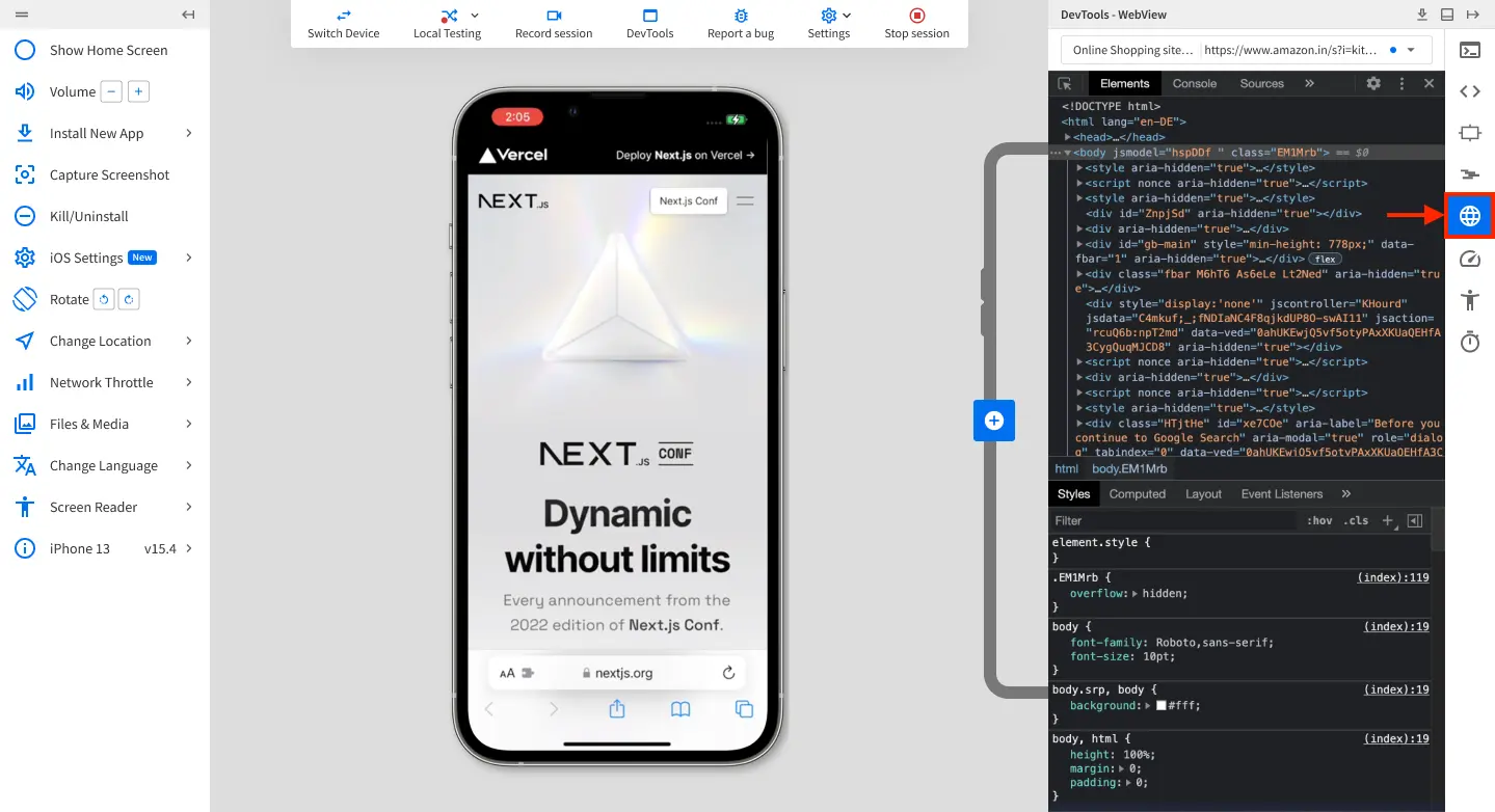 The highlighted WebView Inspector icon in the DevTools toolbar and the webview inspector pane displaying a sample webview.