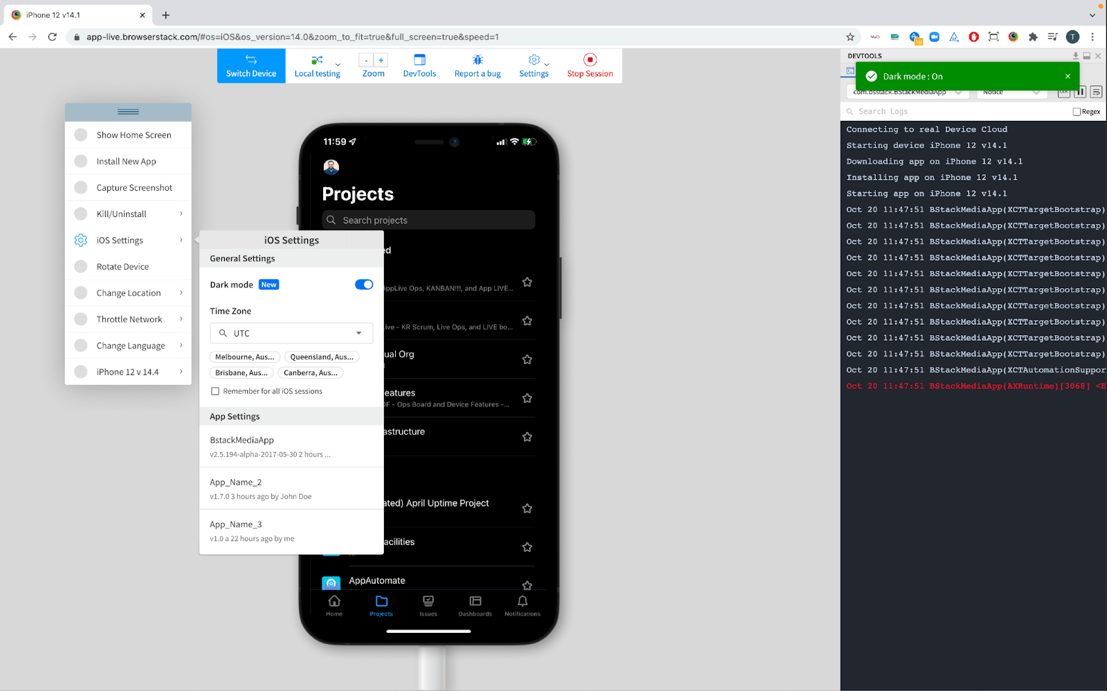 Screenshot showing when dark mode feature is turned ON in iOS settings section