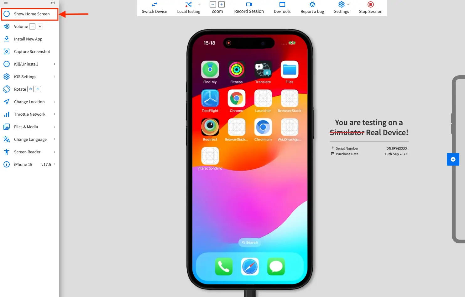 BrowserStack toolbar with Show Home Screen button highlighted.