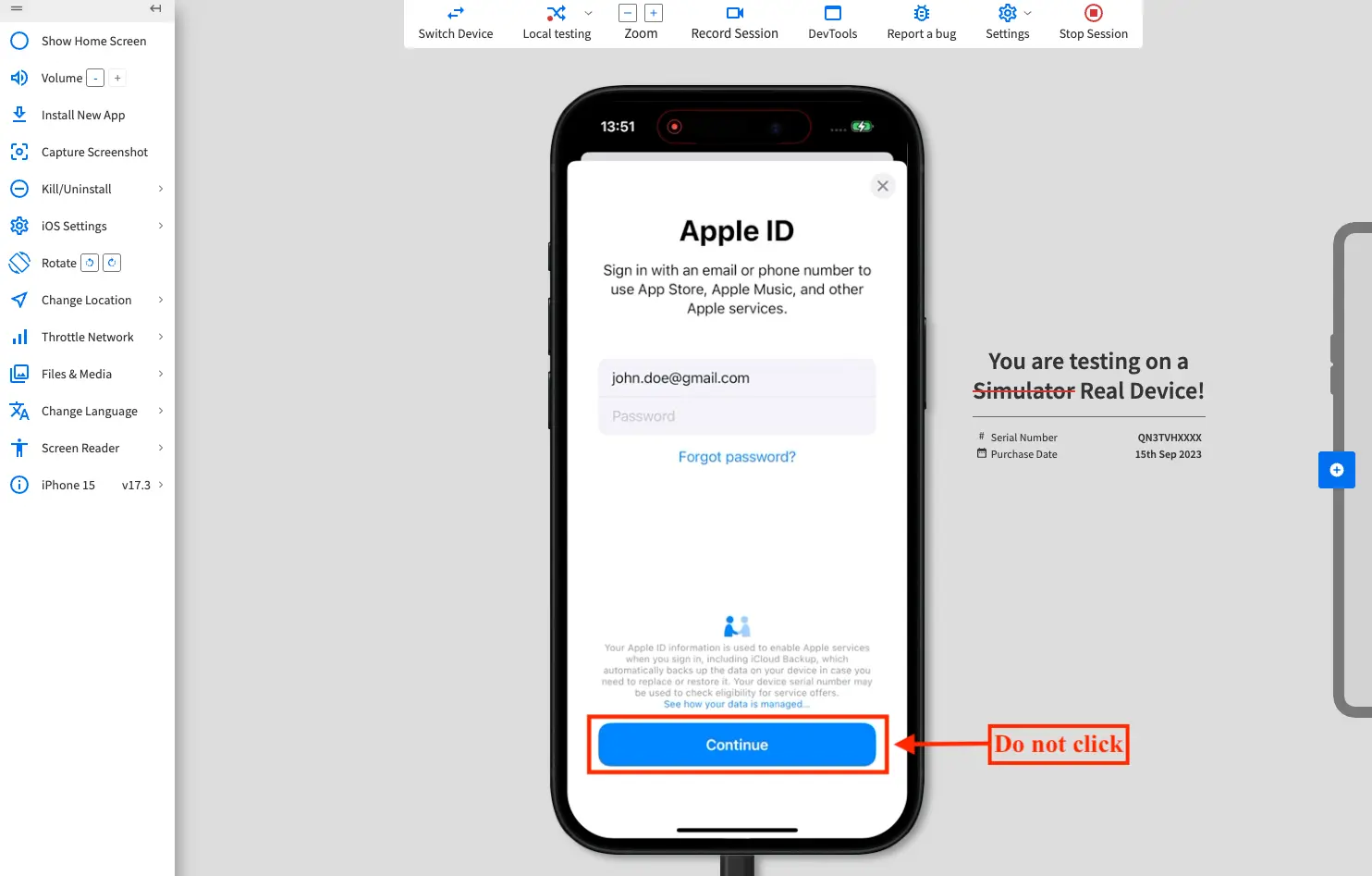 The entry screen for Apple ID password on App Store with the Continue button highlighted in a red box along with a disclaimer warning the user not to click the button.