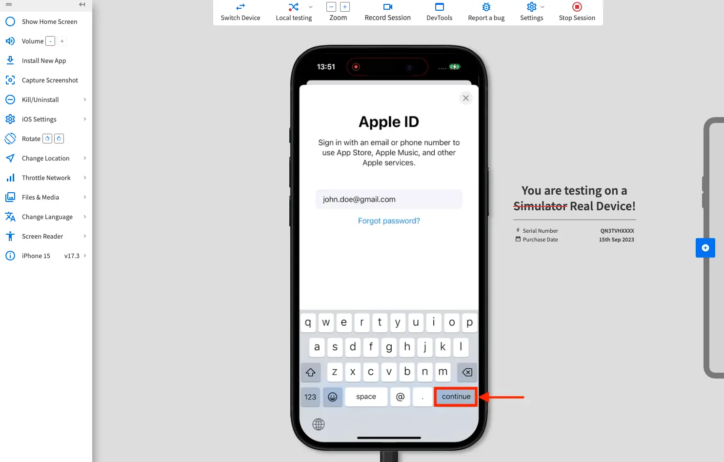 The password entry screen on App Store with the continue button on the on-screen keyboard highlighted.