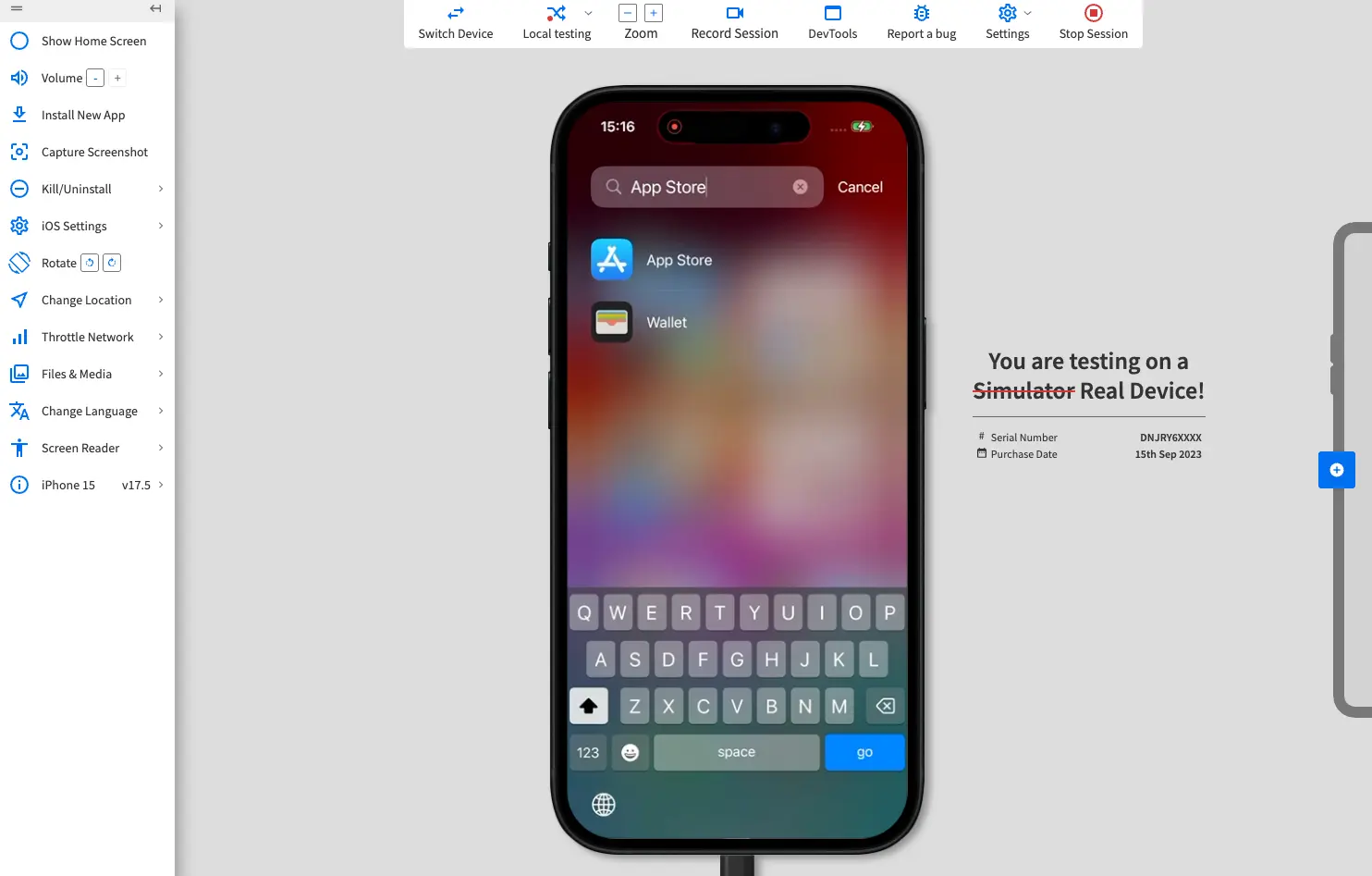 App search in iOS with App Store entered in the search field.