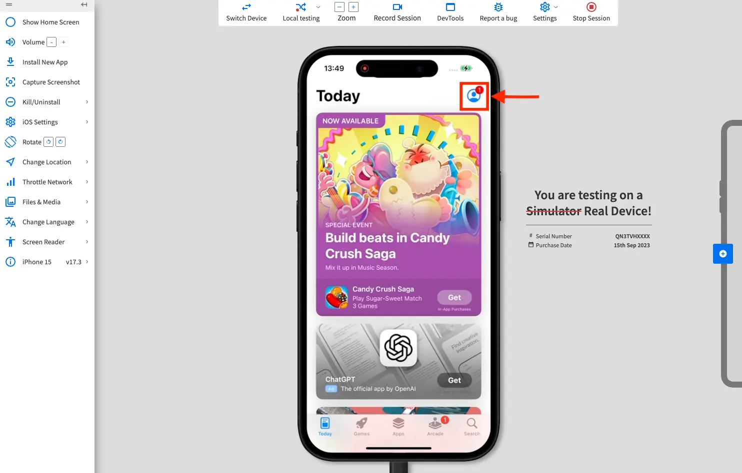 App Store home page with user icon.