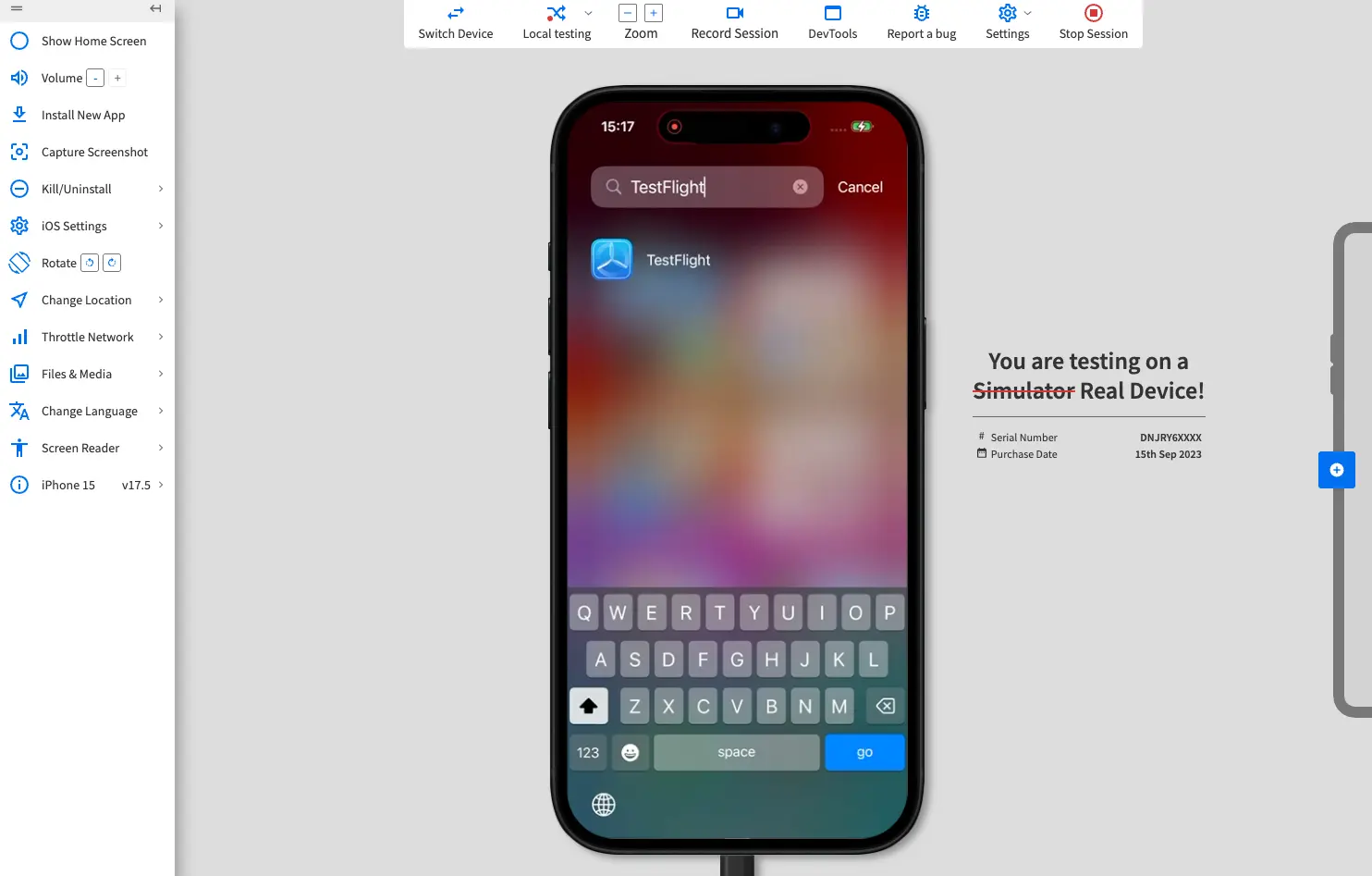 App search in iOS with TestFlight entered in the search field.