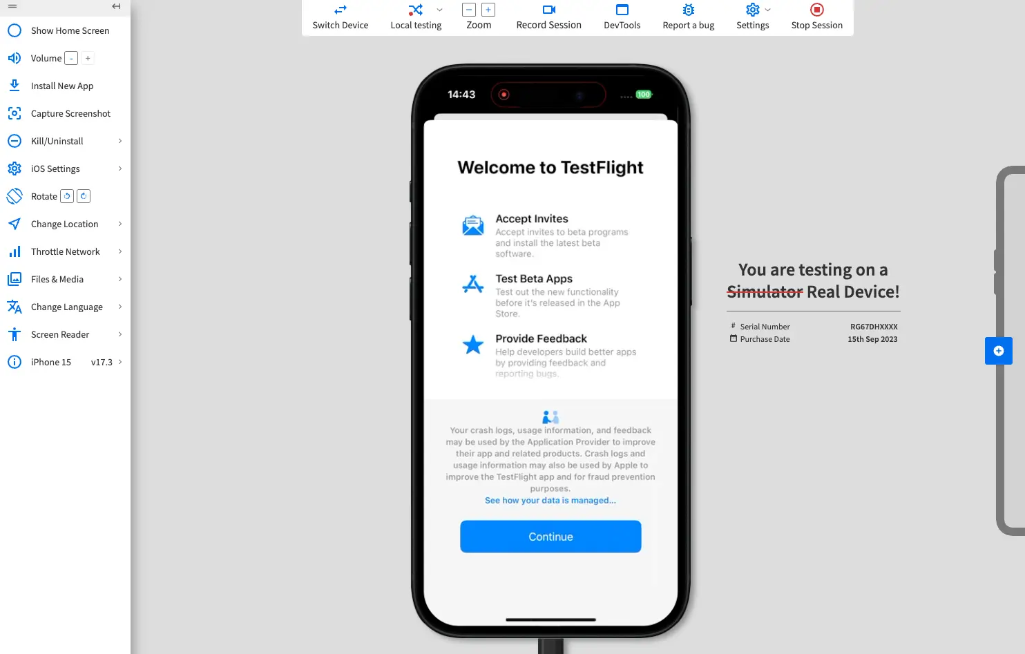 TestFlight welcome screen with Continue button highlighted.