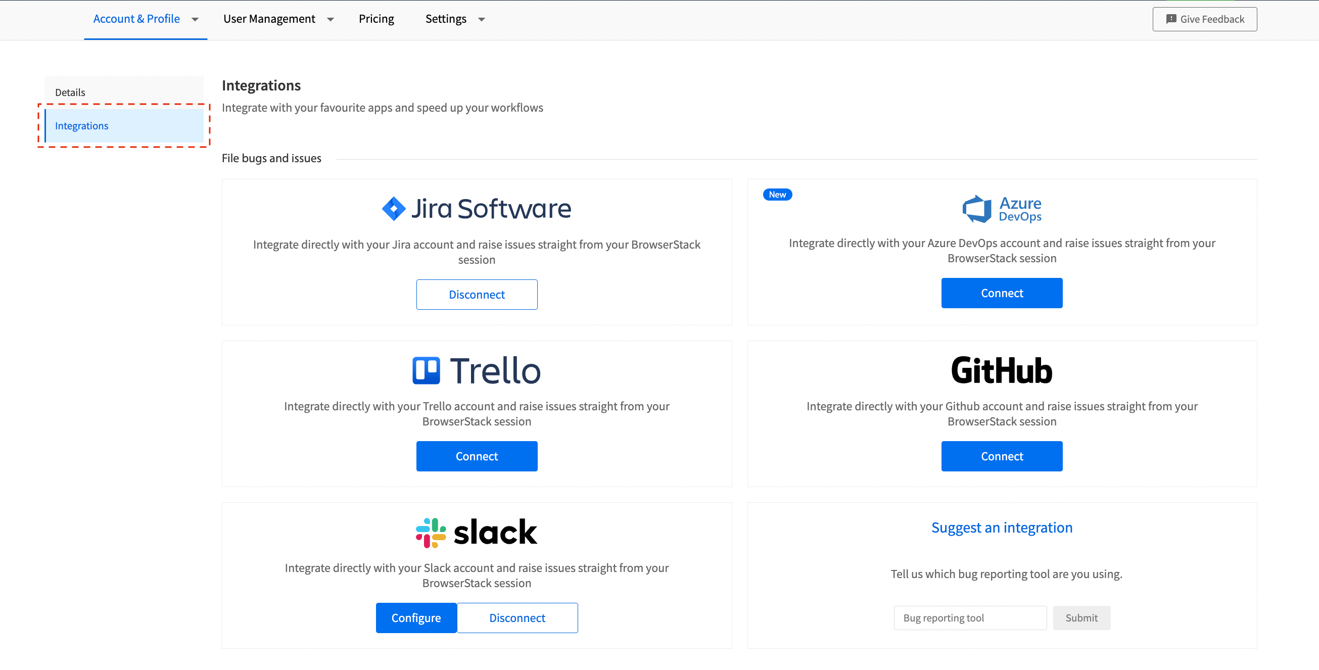 BrowserStack Integrations page within Account section
