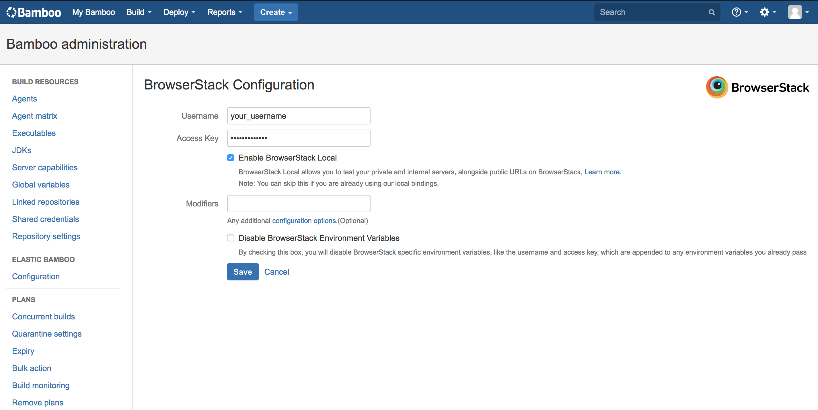BrowserStack Configuration in Bamboo Administration