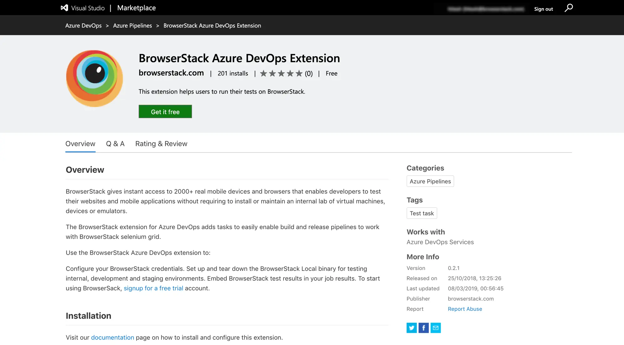 Installation page of Browserstack Azure plugin