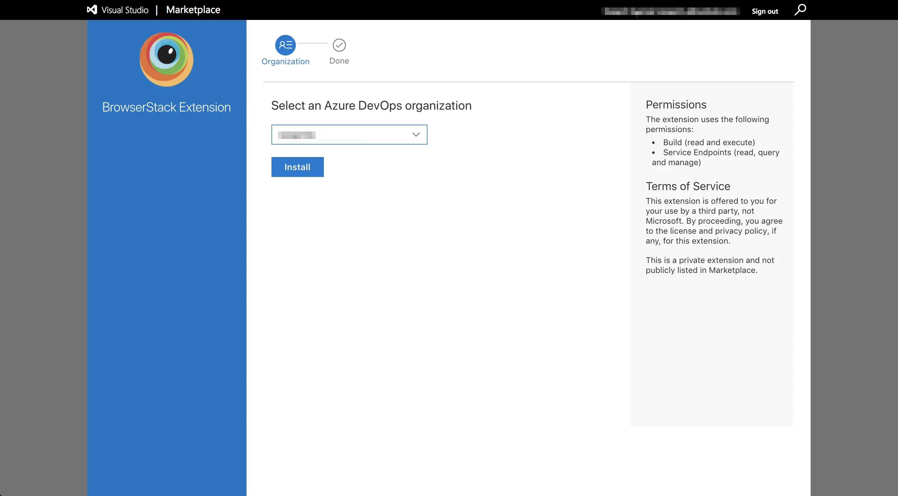 Select Dev Ops organization and install