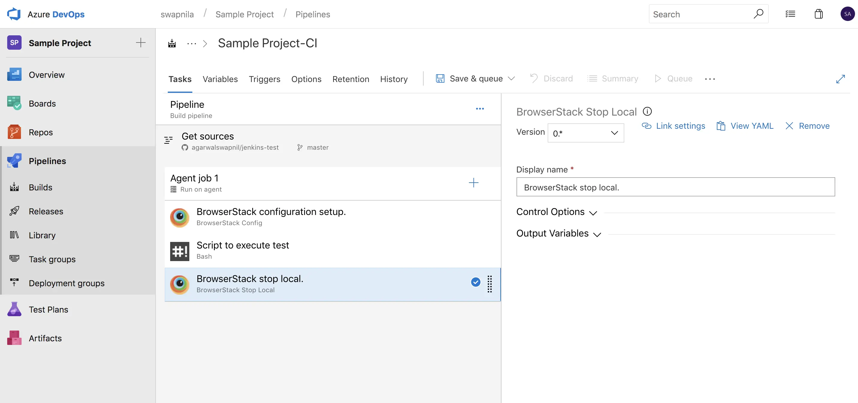 Hover on BrowserStack Stop Local option
