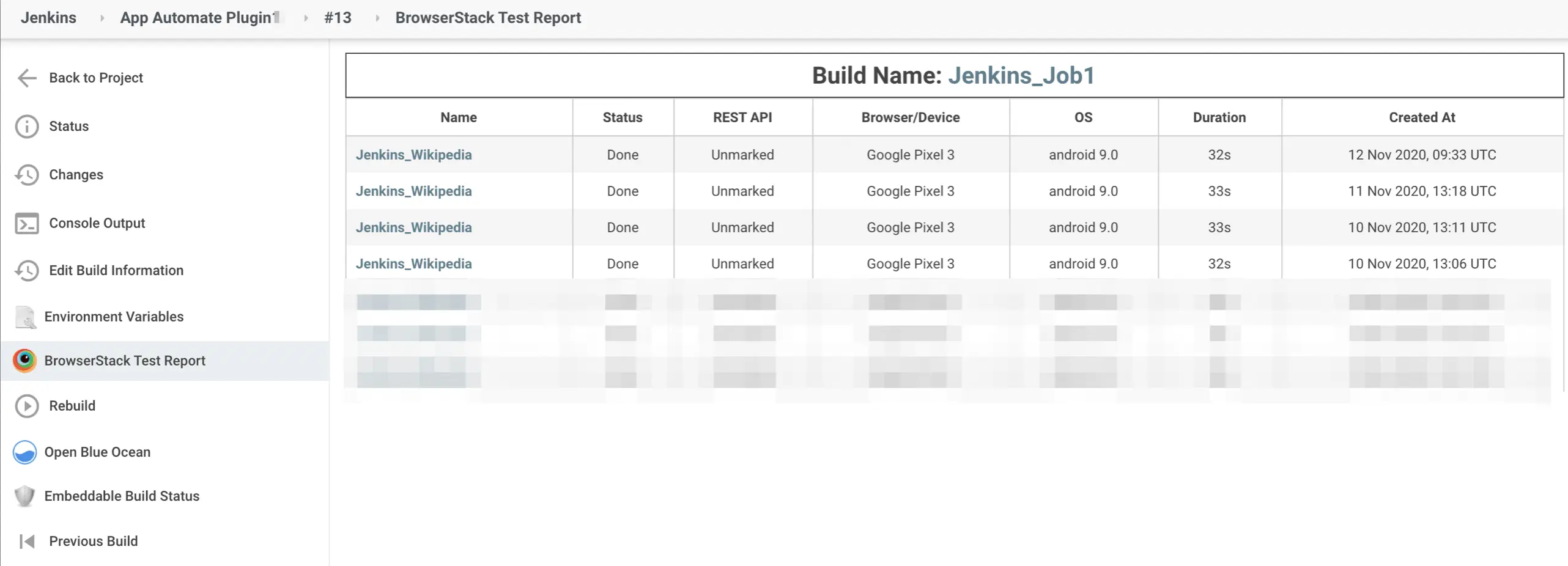 List of session of a build in BrowserStack Reports