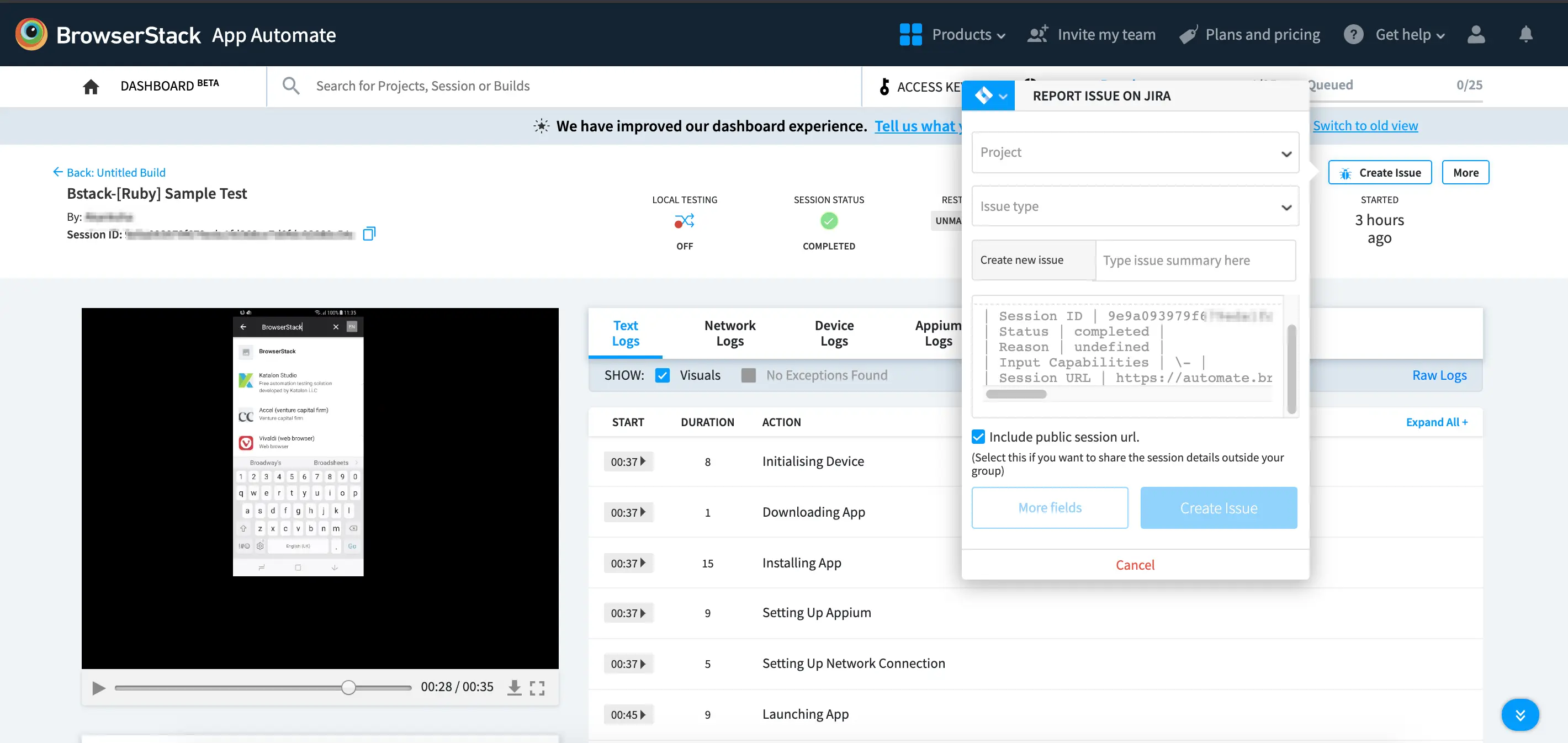 Create issue on Jira from App Automate Dashboard